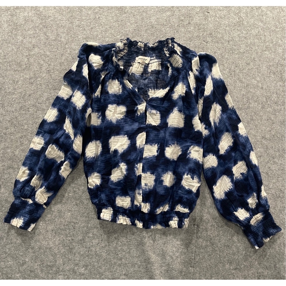 Porridge Clothing Blue White Tie Dye Smocked Neck Blouse Small